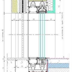 Sezione verticale tipo con serramento scorrevole in alluminio, caditoia in inox e veneziana 